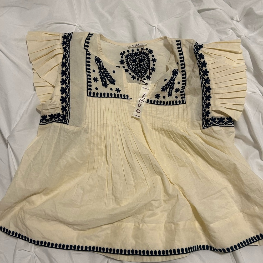 Solitaire Cream Blouse with Navy Blue Embroidery